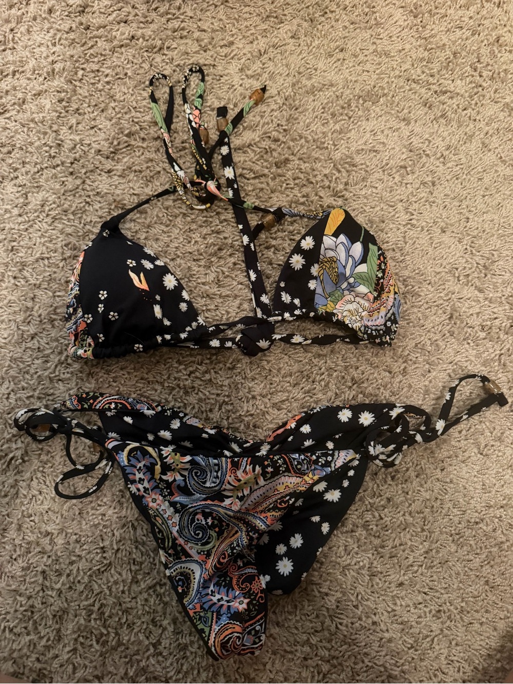 Maaji Black Floral & Paisley Tie Bikini with Daisies (reversible!)